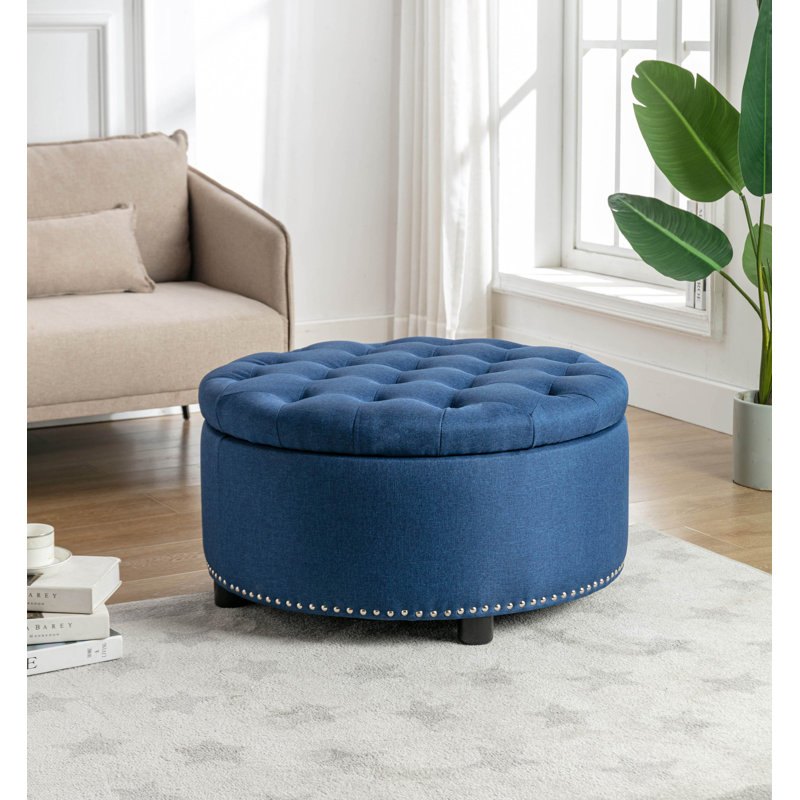 Claria Tufted Round Solid Colour Ottoman with Storage, Blue
