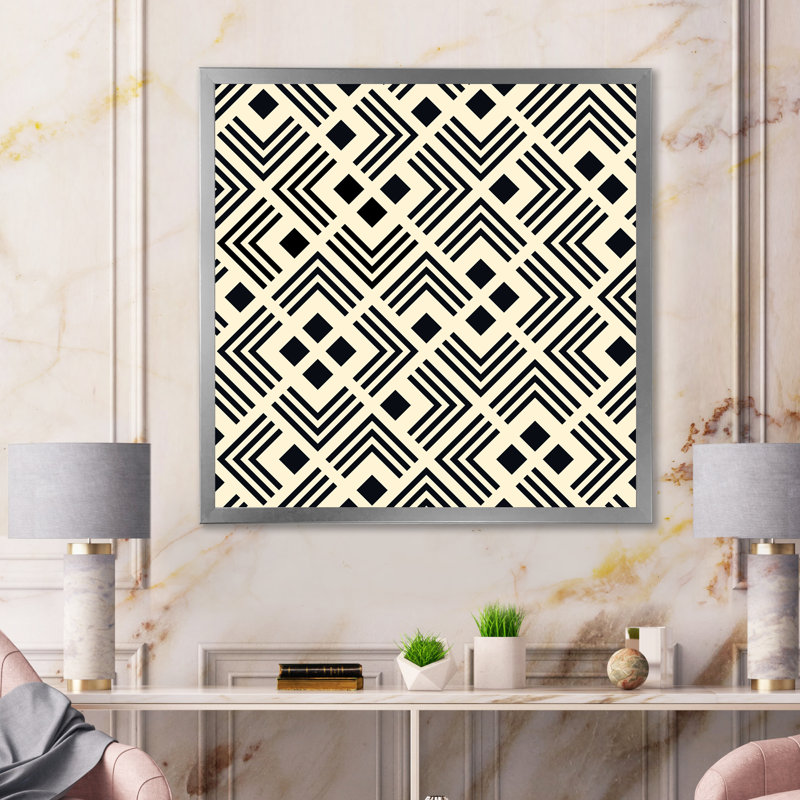 Labyrinthe géométrique noir et jaune - Impression sur toile, Cadre photo argenté, H 36 po x l 36 po