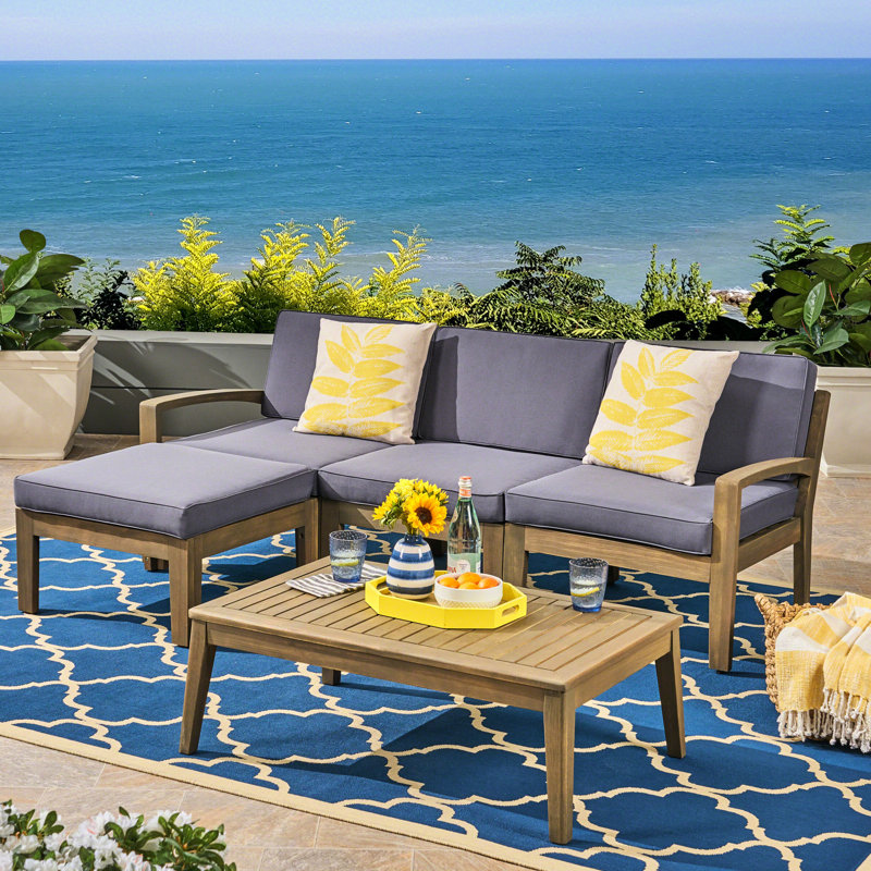 Wood Outdoor Sectional L Shape - With And Table , Shape, 3 , Coffee Table, Gray Frame, Dark Cushions, Gray
