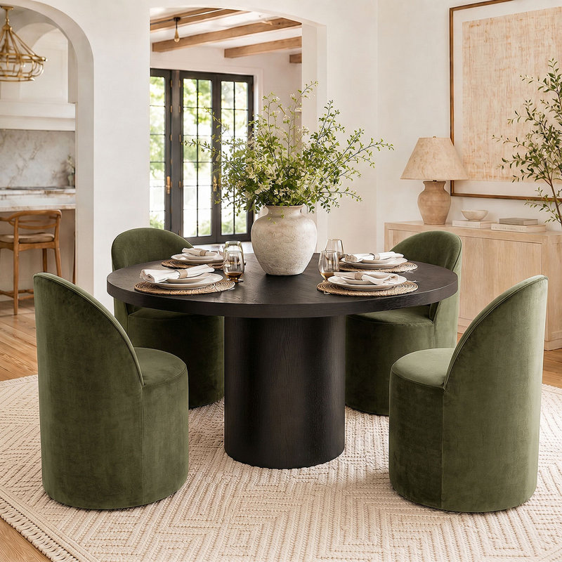 Chaise de salle à manger rembourrée en velours entièrement roulée avec roulettes cachées (ensemble de 4), Vert