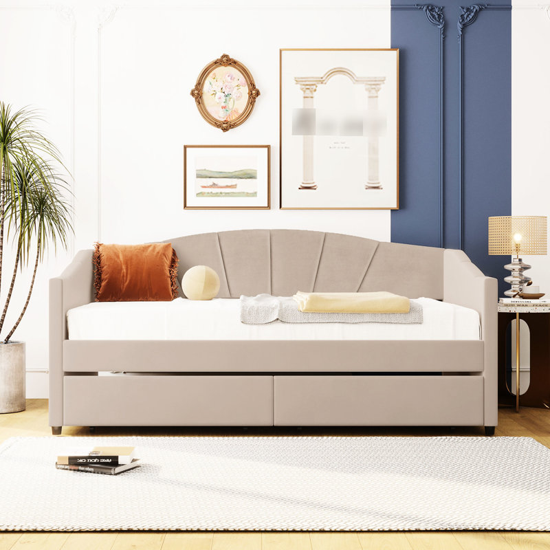 Lit de jour beige avec deux tiroirs et une structure solide - Élégant tissu d'ameublement confortable de taille simple, Beige