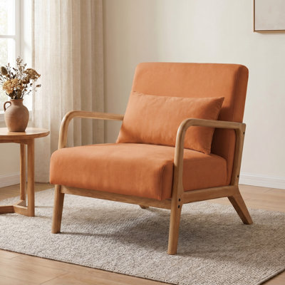 Modern Upholstered Accent Chair With Solid Rubber Wood Armrests And Soft Fabric Upholstery