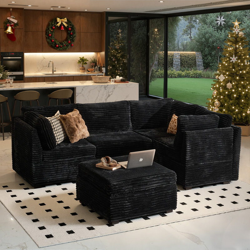 5-Piece Upholstered Corduroy Sectional, Black Corduroy