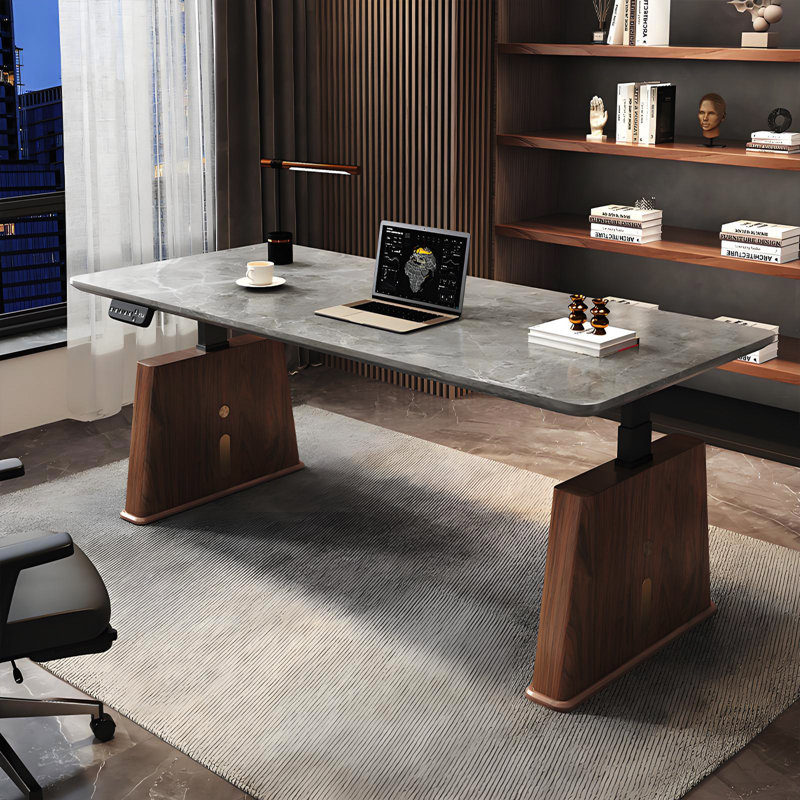 Bureau debout à hauteur réglable moderne et minimaliste électrique, plateau de table en pierre frittée gris mat, deux moteurs, pieds en bois massif de couleur brun en option
