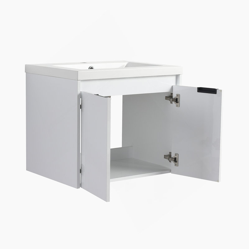 Meuble-lavabo 36 po avec lavabo en résine, 2 portes à fermeture douce et 1 armoire latérale, conception à fixation flottante, blanc brillant, contreplaqué