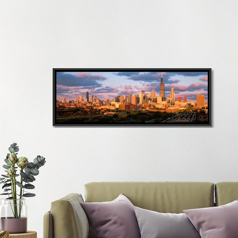 «Cityscape Chicago, Illinois», reproduction de photo sur toile, H 12 po x l 36 po x P 1,5 po, Cadre noir