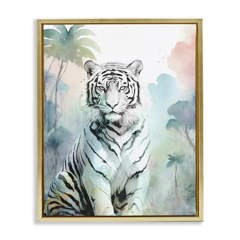 Cadre flottant tigre blanc dans la jungle, design par Kim Allen, H 21 po x l 17 po, Cadre flottant métallique doré