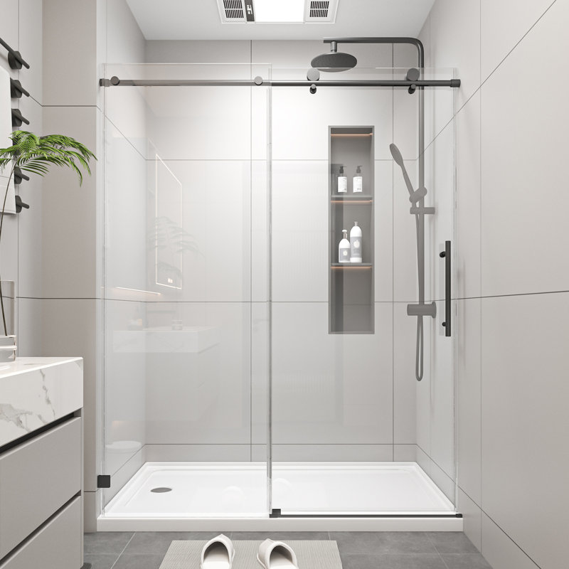 56-60" W x 74" H Frameless Single Sliding Soft-Close Shower Doors, 5/16" Thick SGCC Tempered Glass, Stainless Steel Hardware