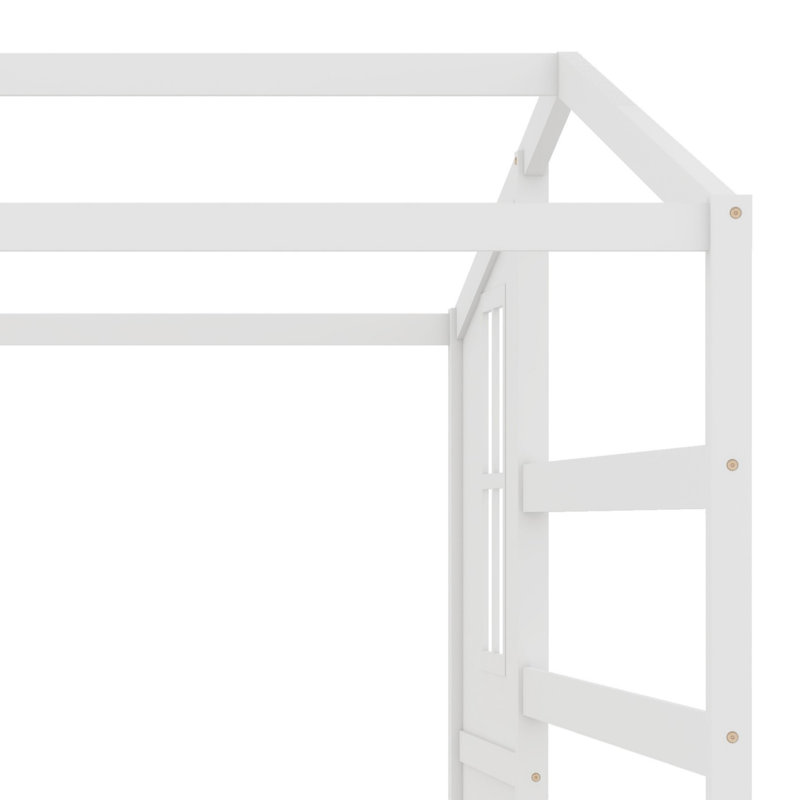 Structure en bois de lit en L avec clôture et structure à lattes, Blanc