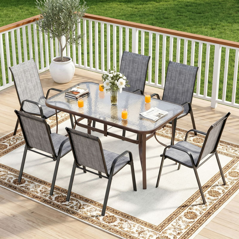 Patio Dining Set For 6, Outdoor Table And Chairs W/1.69?Umbrella Hole, All Weather Patio Furniture Set, 30"X 55" Table And Stackable PVC-coated polyester Chair, For Lawn, Deck (Umbrella Not Included)