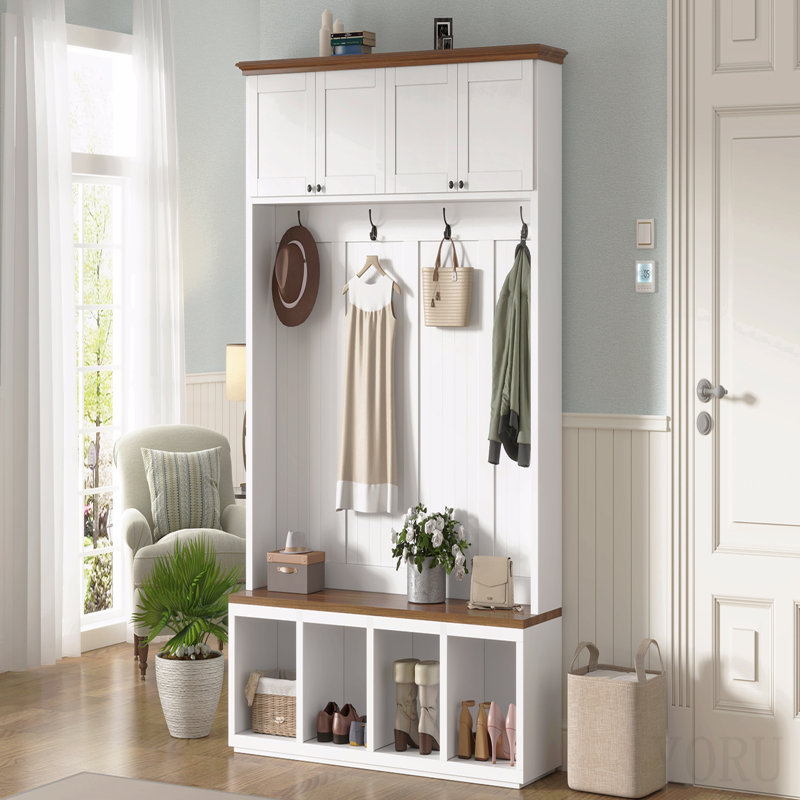 Arbre d'entrée 59 po avec banc et rangement, arbre d'entrée 4 en 1 grain de bois avec armoires, portemanteaux et crochets pour le couloir, l'entrée, le salon et le vestibule