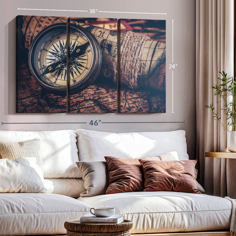 «Compass And Old Map» sur toile, H 24 po x l 38 po x P 1,25 po