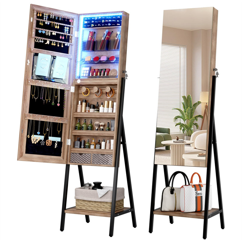Armoire à bijoux moderne avec design de grande capacité et miroir pleine longueur, Brun