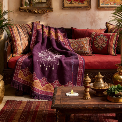Jeté 100% laine avec franges mandala mauve lotus 50 "x60"