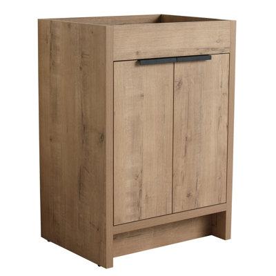 Meuble-lavabo autoportant de 24 po, 2 portes à fermeture en douceur, emballage Kd, meuble-lavabo sans lavabo, rangement intérieur réglable, contreplaqué, armoire à finition grattée imitation finition chêne, surface en contreplaqué, non