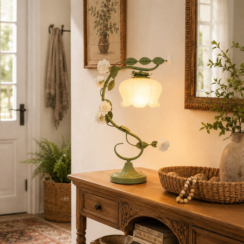 Lampe de table florale de 21 po de hauteur, lampe de bureau à DEL, floral bionique avec abat-jour en verre rose, pour chambre à coucher, bureau, salon