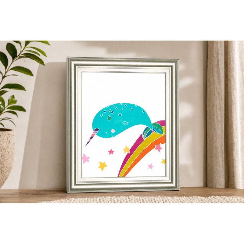 Art mural fantaisiste narval - 22 po x 26 po - Cadre argenté