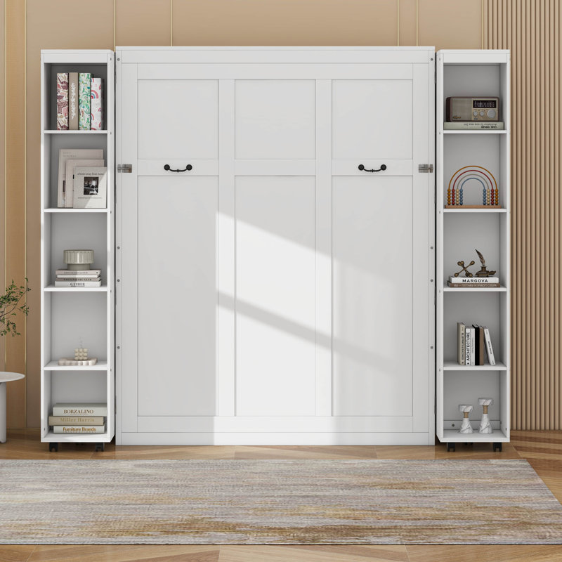 Grand lit escamotable mural avec deux armoires pliables, Blanc