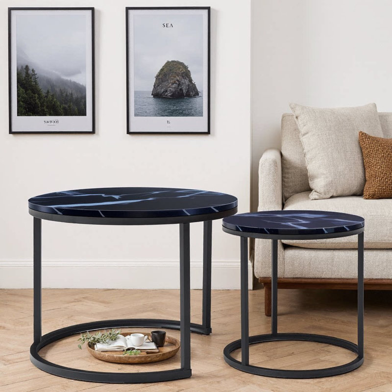 Nesting Round Coffee Tables Set of 2 with Gold Metal Frame – Marble-Pattern MDF Tops, Modern Industrial Accent Tables for Living Room, Bedroom, or Apartment