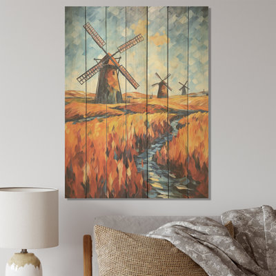 Fauvist Windmill Meadows I - Wind Turbines On Wood Print