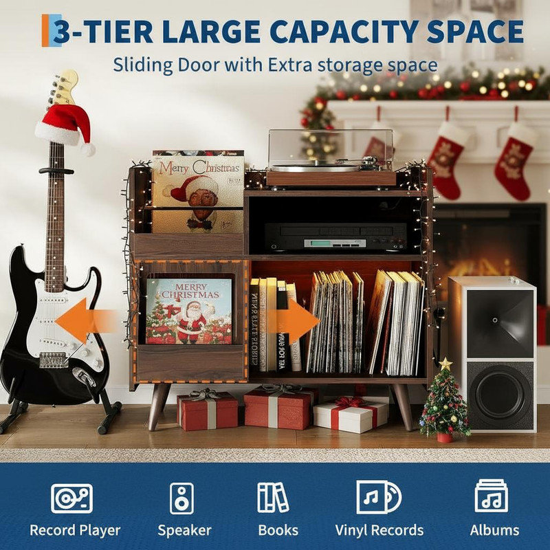 Large Record Player Stand, Vinyl Record Storage Cabinet Turntable Stand with Sliding Door Charging Station and LED Lights for Living Room Home Office