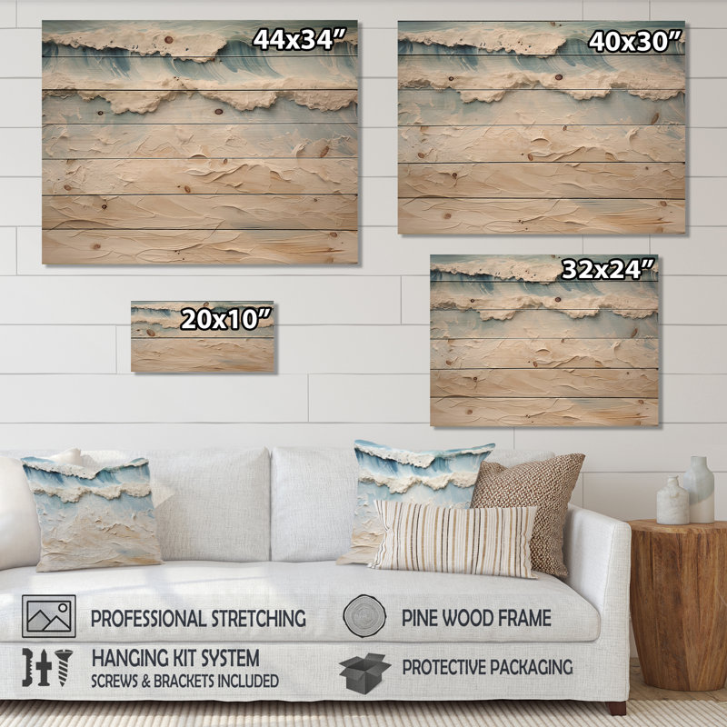 Peinture de plage côtière beige et bleue I - art mural en bois de plage côtière sur bois de pin naturel, H 24 po x l 32 po