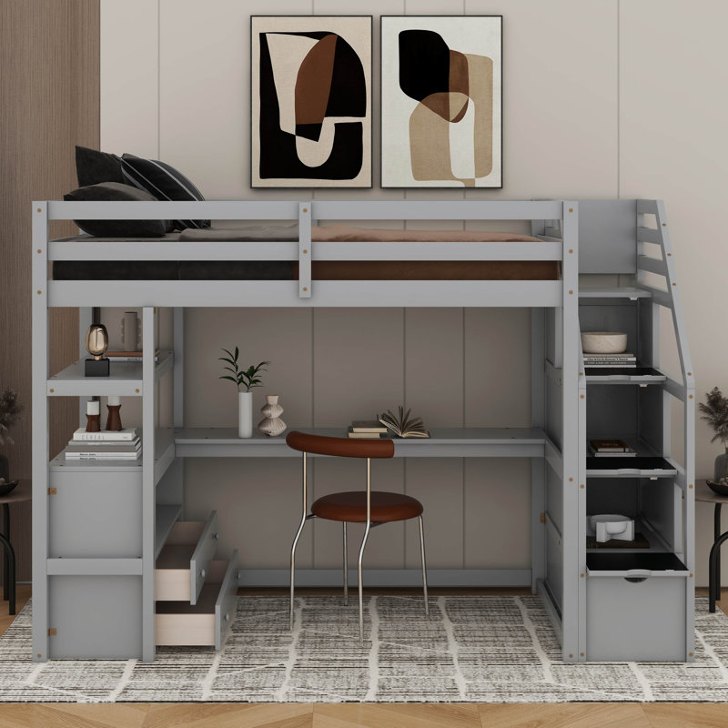 Lit mezzanine avec bureau et tablettes, deux tiroirs intégrés, escalier de rangement, Lit simple, Gris