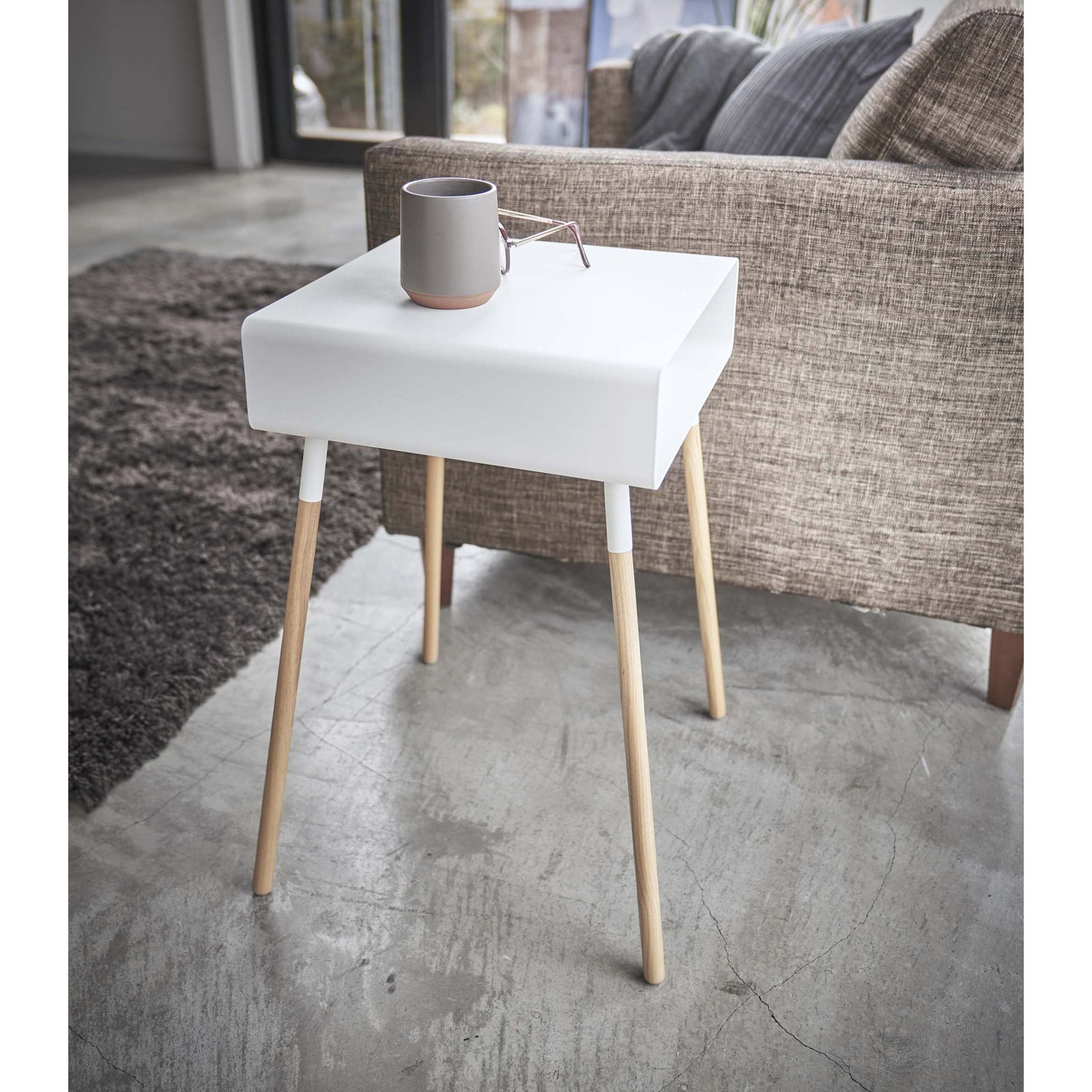 Yamazaki Home Tall Side Table With Storage Shelf, Rectangular Accent Bedside End Table, Steel + Wood, White