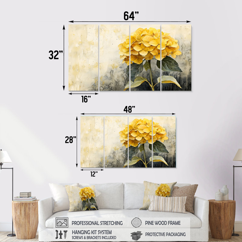 Jaune hydrangée jaune III - Art mural hortensia - Art mural traditionnel, H 28 po x l 48 po, 4