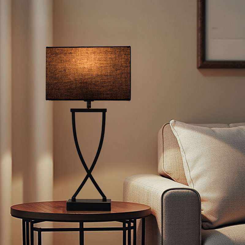 21'' Minimalist Table Lamp Set Of 2, Rectangular Linen Shades, Black, Black