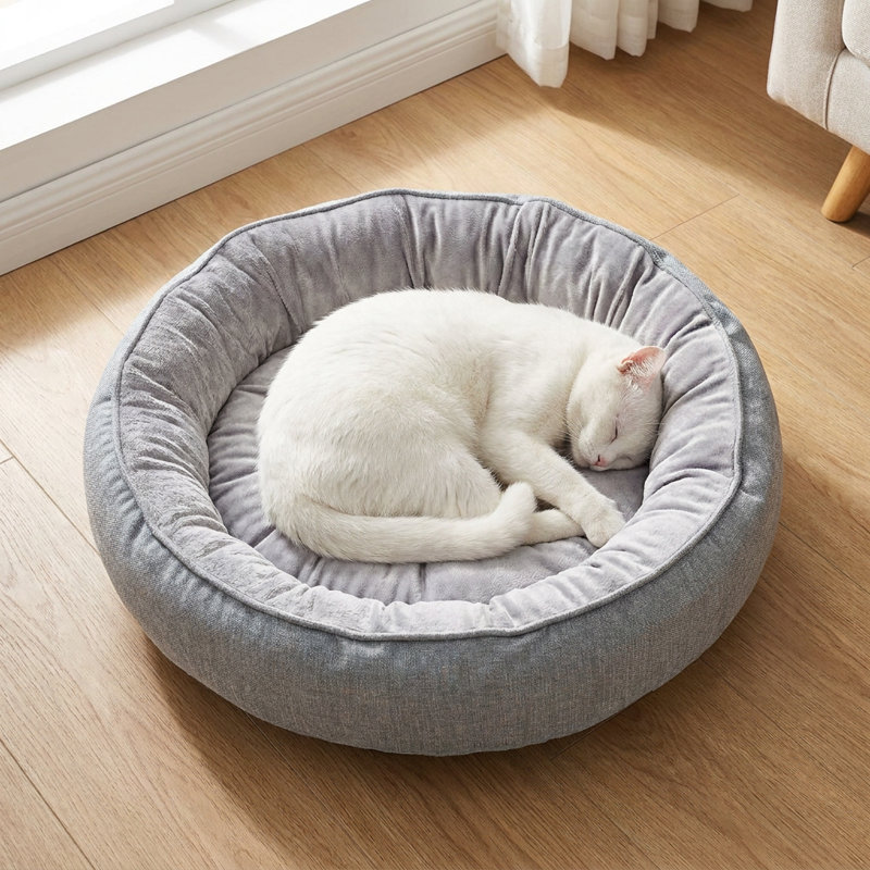 Lit rond pour chat avec coussin et intérieur moelleux, P 21,65 po x l 21,65 po, Gris