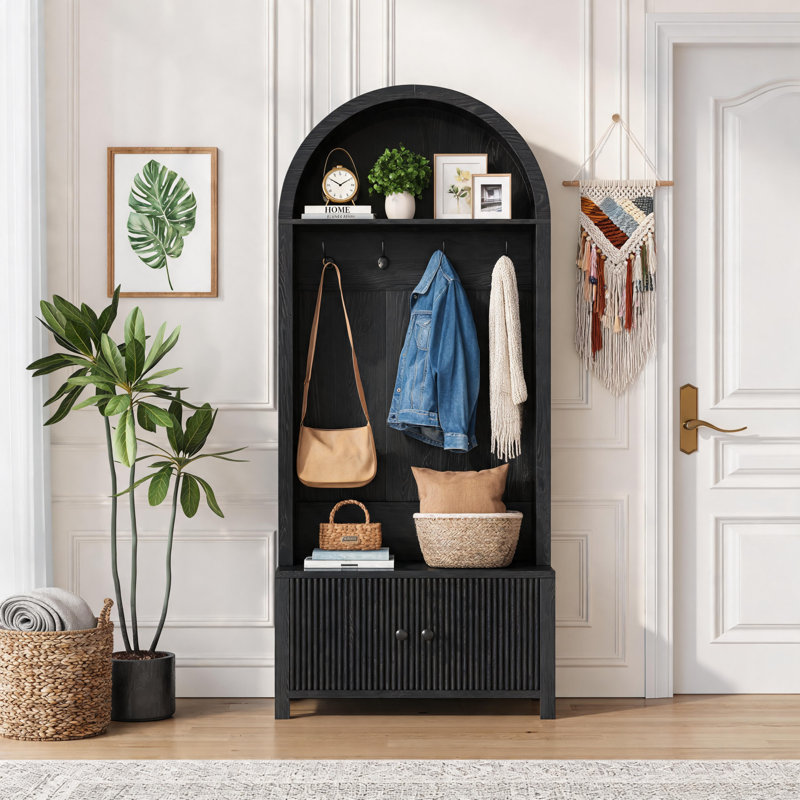 Black Farmhouse-Style Entryway Coat Rack, Four-In-One Multi-Functional Design, Includes Hooks, Shoe Rack, Bench, And Hallway Accessibility.