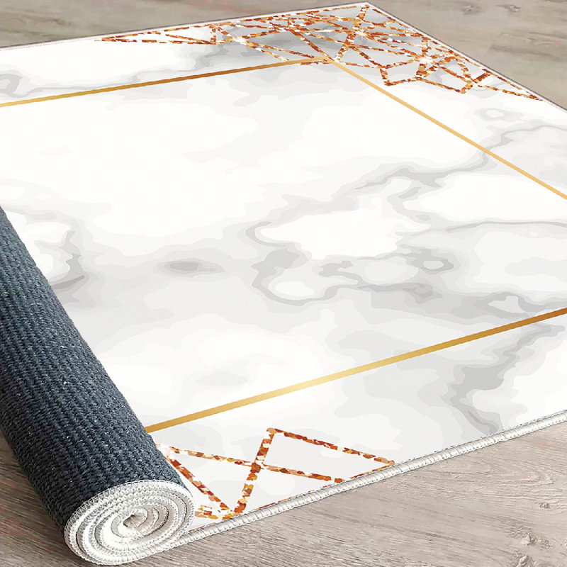 Wencil Luxury Cotton Area Rug (31.5 x 19.7 inches), White, Grey & Gold | 100% Cotton, 1.4 lbs/sq ft, 0.4 in Pile Height | Antibacterial, Non-Slip PVC Underside, Machine Washable | Elegant Design for Living Room & Bedroom