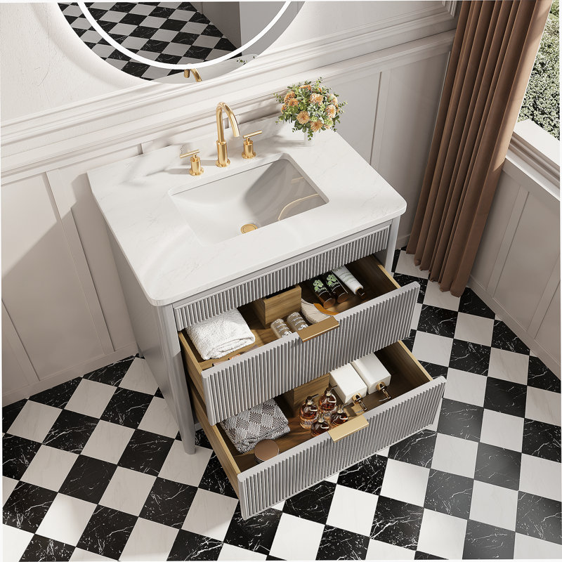 Ensemble de meuble-lavabo sur pied entièrement assemblé avec 2 ensembles de poignées et plateau en marbre d'ingénierie entièrement assemblé
