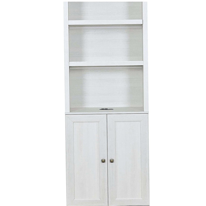 Bibliothèque 1 porte avec port USB et 3 tablettes ouvertes avec étagères, blanc rustique, Blanc rustique
