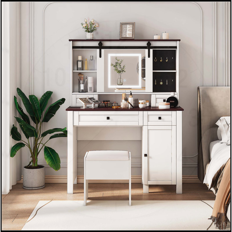 Charming Farmhouse Vanity with Multiple Storage Options and Illuminated Mirror