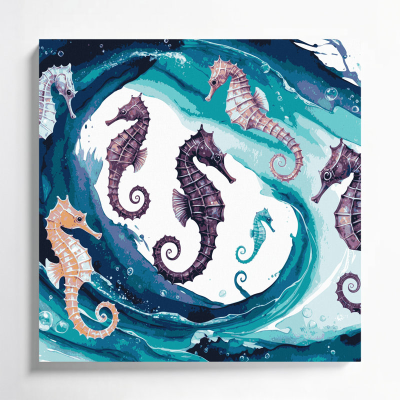 Art mural sur toile bleu hippocampes nautiques, H 32 po x l 32 po