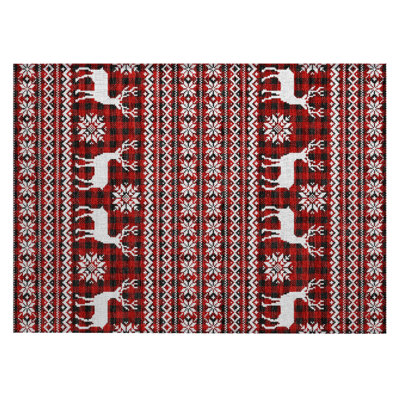Machine Washable Indoor/Outdoor Christmas Reindeers Xhevrie Red Rug