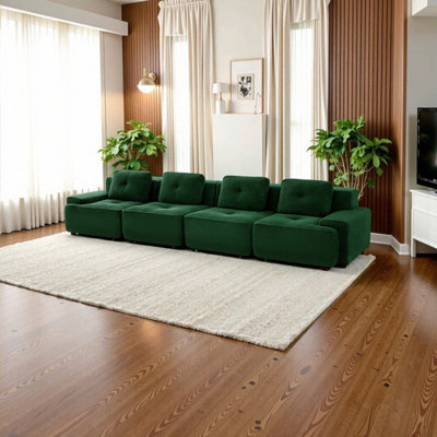 Canapé modulaire moderne de 153 po en velours côtelé vert, siège profond à 4 places avec capitonnage et sans assemblage