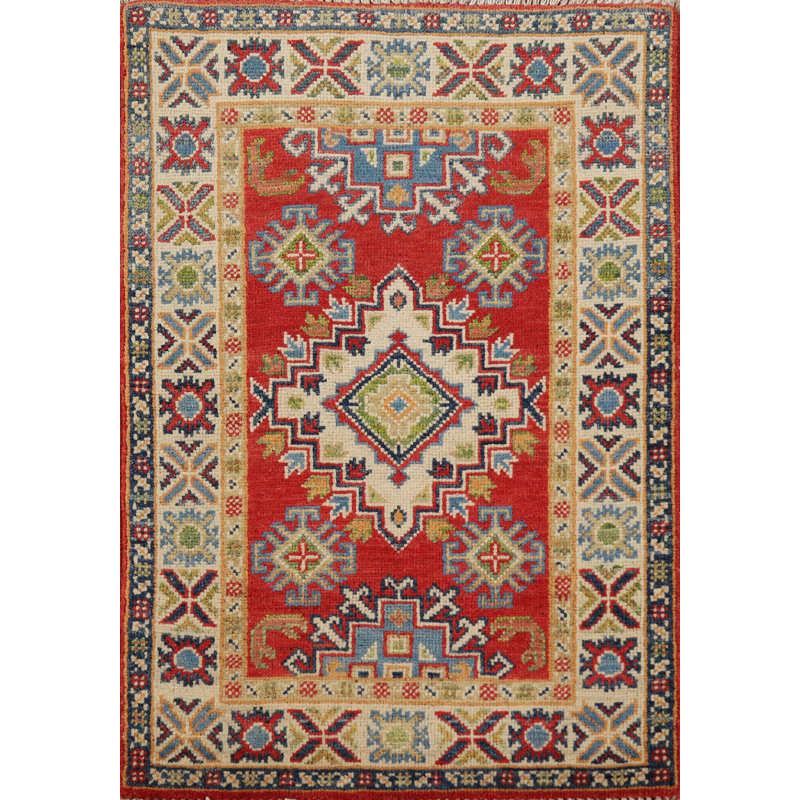 Tapis décoratif oriental fait à la main rouge Kazak 2x3