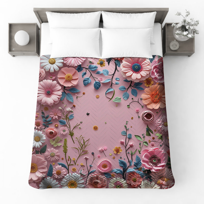 Couvre-lit matelassé à motif floral rose en papier toutes tailles, Très grand lit