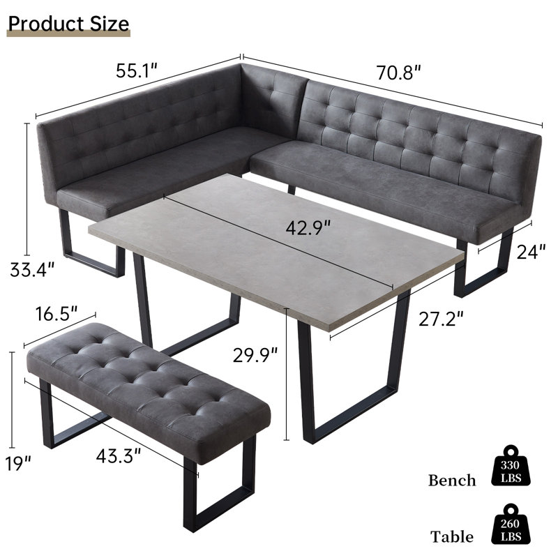 Ensemble de coin-repas 3 pièces, table de salle à manger avec pieds en métal et banc rembourré en polyuréthane gris moderne 