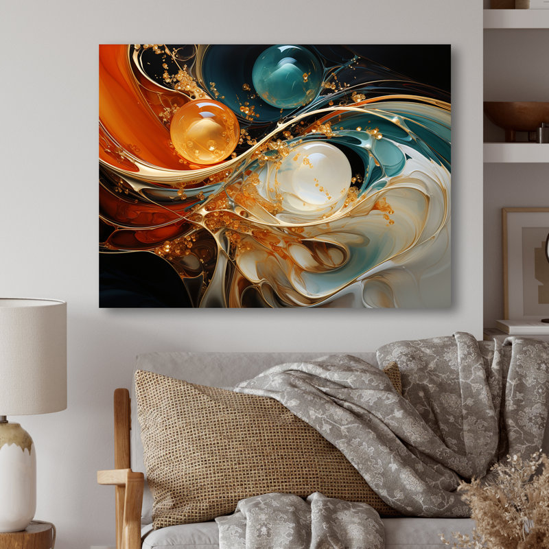 Orange orange et marbre émeraude lave III - art mural abstrait en métal MT137168, H 24 po x l 32 po x P 1 po