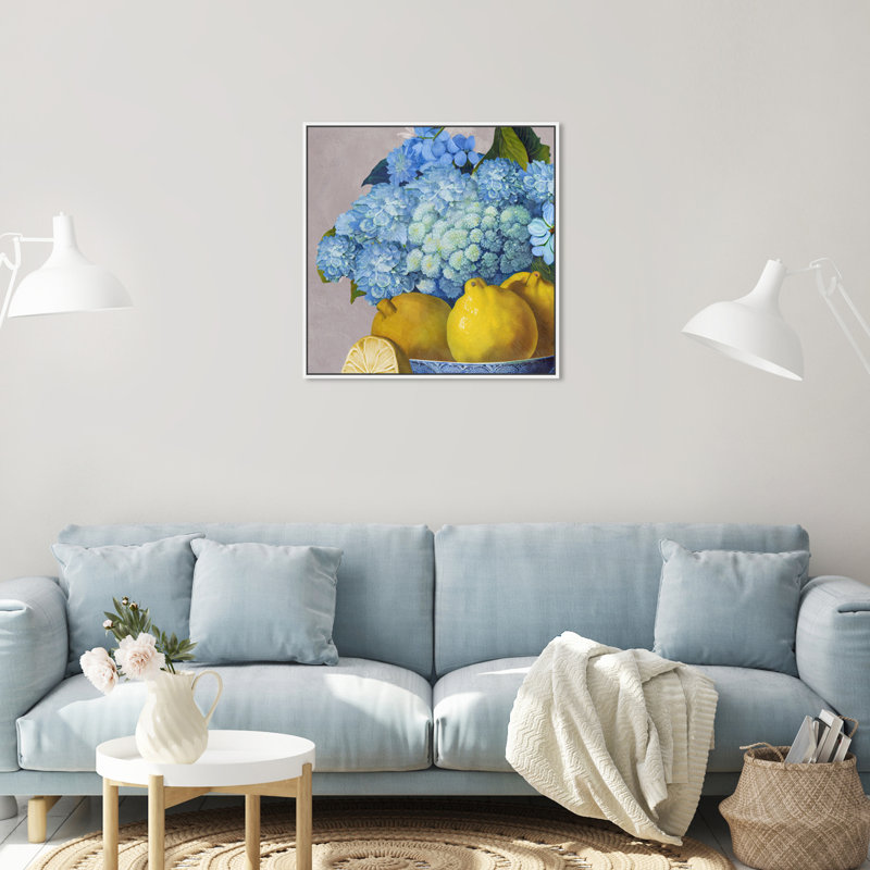 Hortensias et jour des citrons - Peinture, H 25 po x l 25 po, Cadre blanc