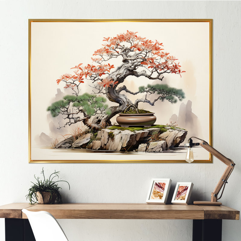 Asian Art Bonsais Wisdom I - Art asiatique, art mural, H 30 po x l 40 po, Cadre flottant doré