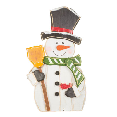 White Wooden Snowman Display with Robin