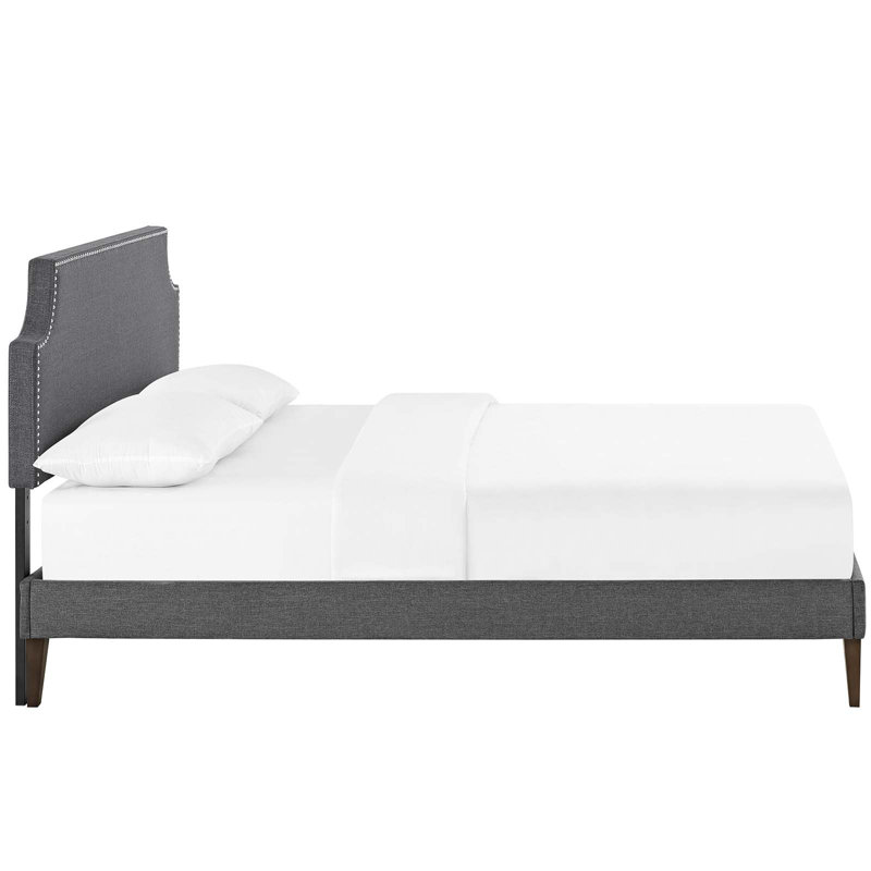 Gray Full Upholstered Platform Bed with Nailhead Trim