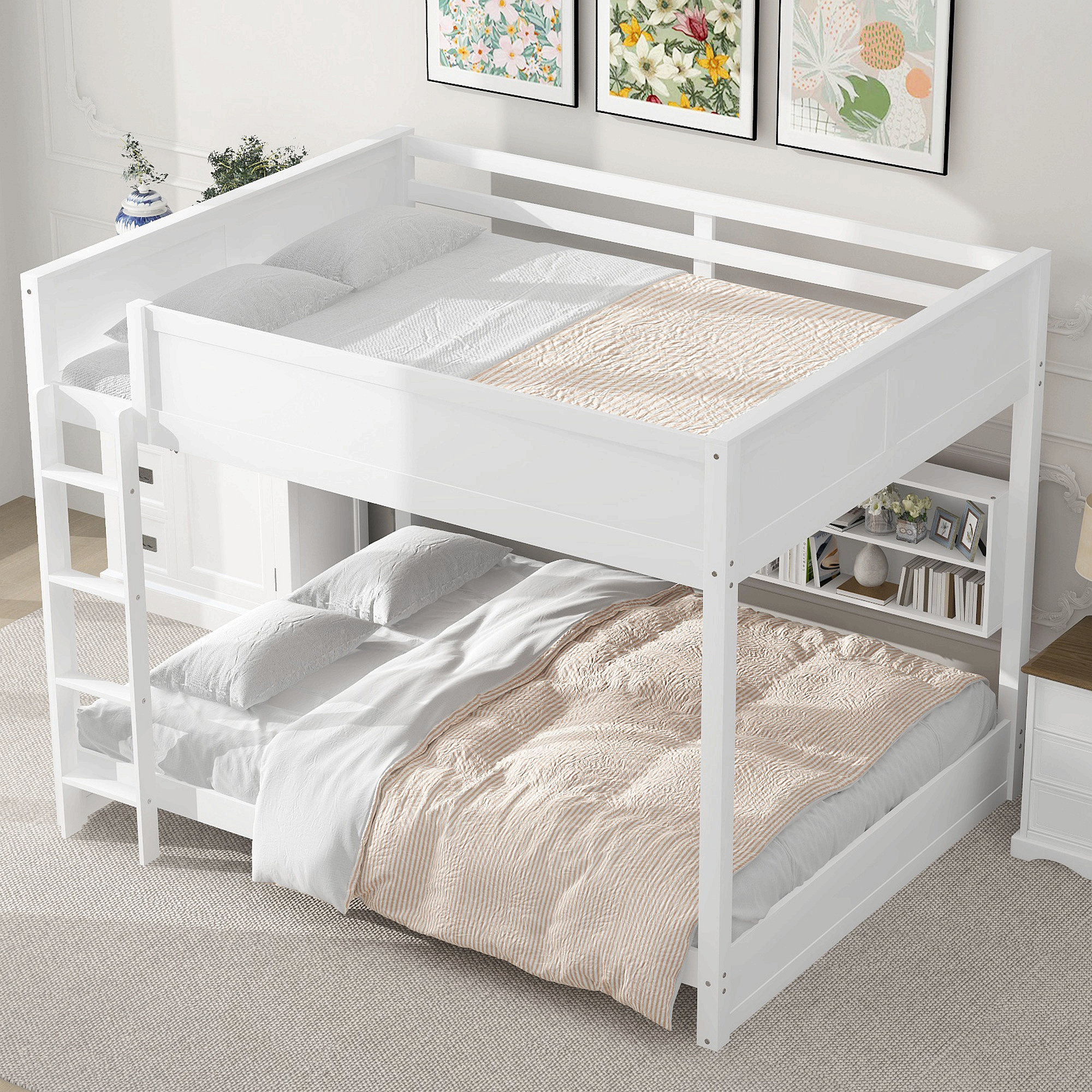 Latitude Run® Queen Over Queen Bunk Bed With Storage Cabinets And Usb ...