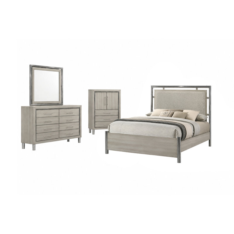 Ensemble de chambre avec grand lit en bois 4 pièces Carthage, Ensemble de 4 pièces : lit, commode, miroir, comm, Grand lit