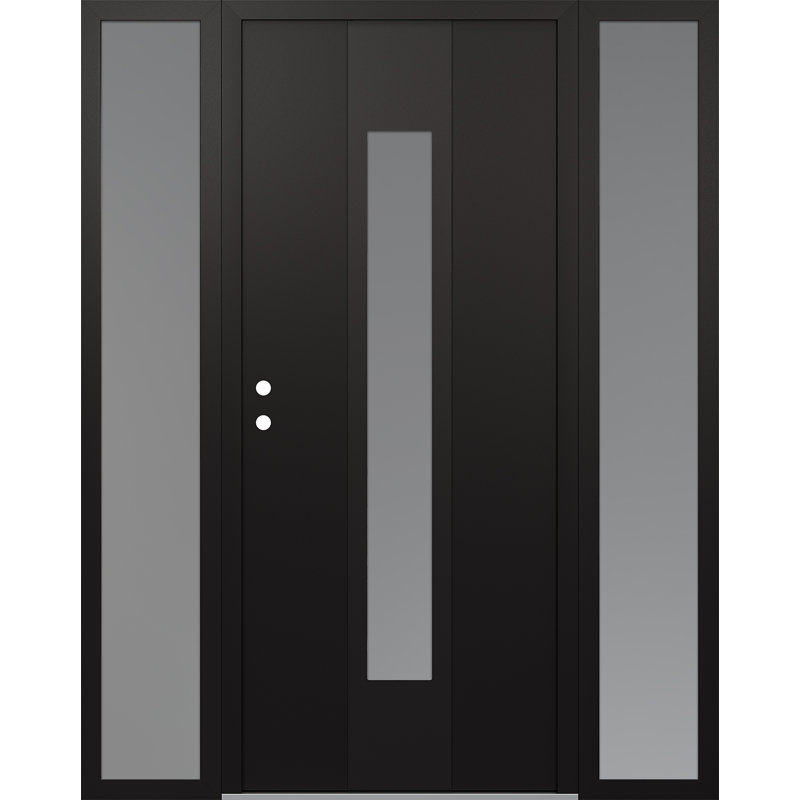 Porte d'entrée pré-suspendue en acier noir à panneau droit avec deux côtés, L 69 po x H 81,69 po, Noir / blanc